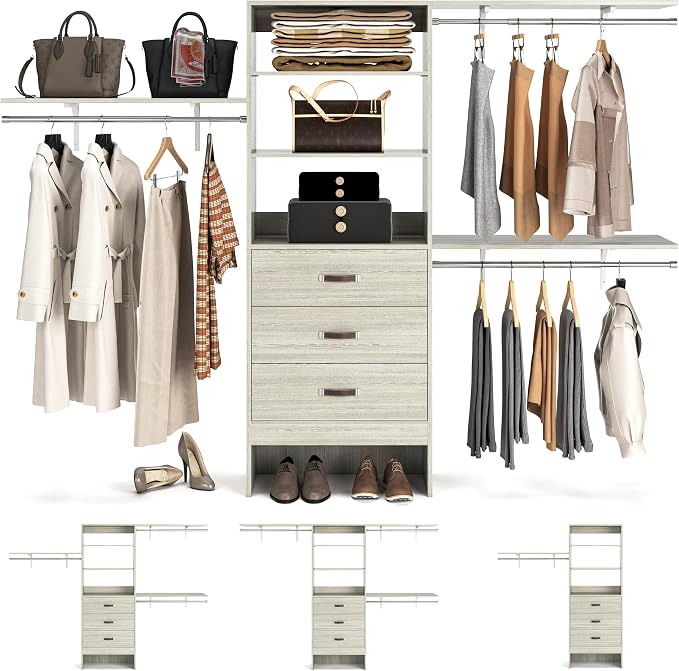 96" Wood Closet System with 3 Enclosed Drawers & 3 Solid Shelves, 8FT by Armocity