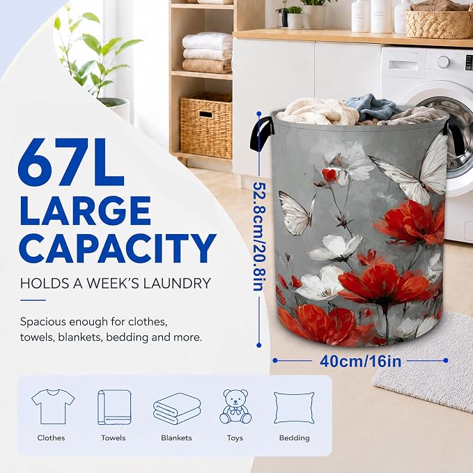 Red Flower Butterfly Laundry Basket, Foldable Oxford Cloth Funny Tote Bag - Image 2