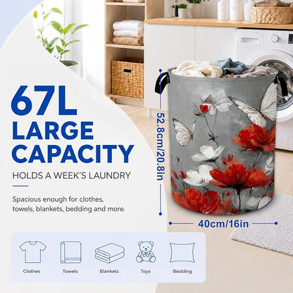 Red Flower Butterfly Laundry Basket, Foldable Oxford Cloth Funny Tote Bag - Image 2