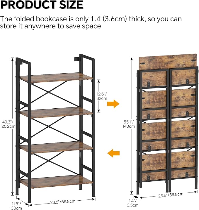 Homeiju Folding Bookshelf, 4 Tier Bookcase Foldable Shelf - Image 3