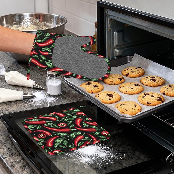 Red Chili Peppers Silicone Oven Mitts and Pot Holders, Heat-Resistant 4 Piece - Image 4