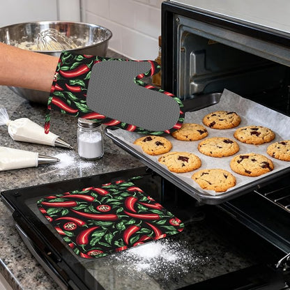 Red Chili Peppers Silicone Oven Mitts and Pot Holders, Heat-Resistant 4 Piece - Image 4