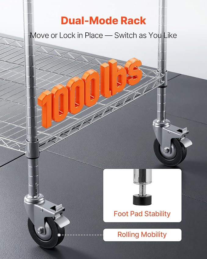VEVOR Kitchen Utility Cart, 3 Tier Heavy Duty Adjustable Wire Storage Rack - Image 3