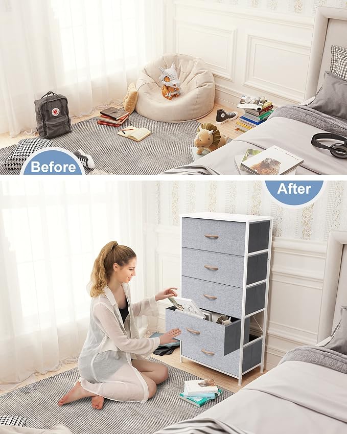 Tall Dresser, Wide Vertical Fabric Storage Organizer, 5 Drawer | Sturdy Steel - Image 4
