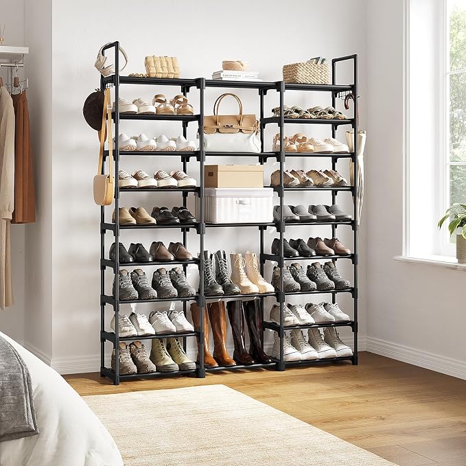 WOWLIVE 9 Tier 3-Column Shoe Rack, 50-55 Pairs Stackable Black | 50in long - Image 4