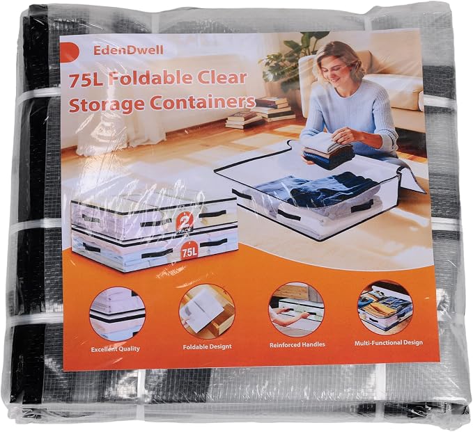 2 Pack Under Bed Storage Bags, 75L Foldable Clear Storage Containers - Image 8