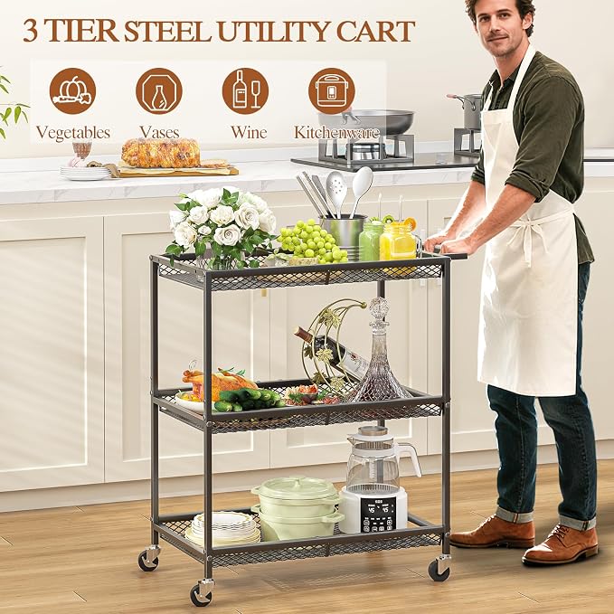 3 Tier Rolling Utility Kitchen Cart, Heavy Duty Wire Rolling Cart on Wheels - Image 4