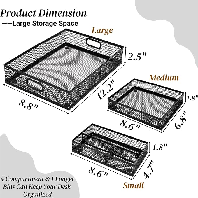 Noamus 3 Pack Office Drawer Organizer, Desk Drawer Divider Tray, Metal Mesh - Image 2