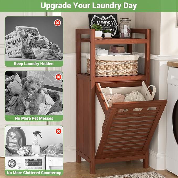 Homykic Tilt Out Laundry Hamper, 10 Gal Bamboo Laundry Storage Cabinet - Image 5