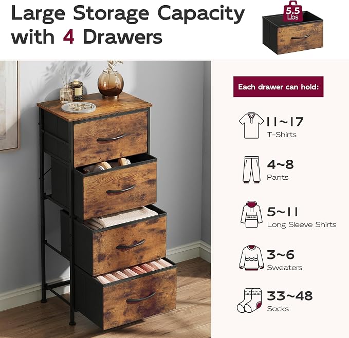 WLIVE Small Dresser Nightstand for Bedroom, 4 Drawers, Rustic Brown | 4 - Image 6