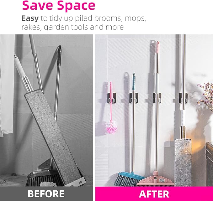 4 Pack Broom Holder Wall Mount, Improved Super Anti-Slip Mop and Broom Holder - Image 5