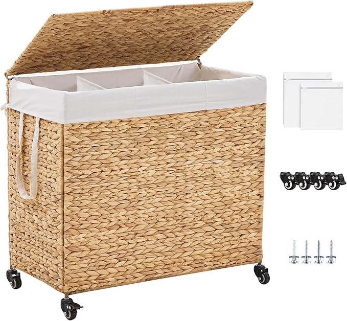 3-Section Laundry Hamper with Lid, Large Capacity Woven Natural Water Hyacinth by LGENHOOMHandwovenNaturalWaterHyacinthBasket