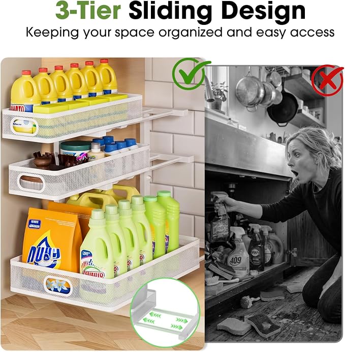 Under Sink Organizer 3 Tier, 2 Pack L-Shaped Pull-Out Cabinet Organizer - Image 2
