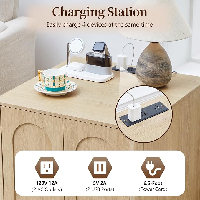 Bed Side Table with Charging Station, Mid Century Modern Nightstand with 2 Doors - Image 3
