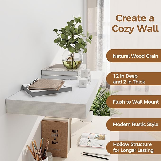 12 Inch Deep White Floating Shelves, 24 x 12 Floating Shelf - Image 5