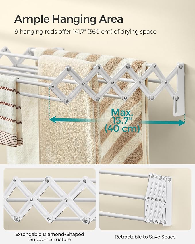SONGMICS Clothes Drying Rack, Wall-Mounted Drying Rack Clothing, Small - Image 7