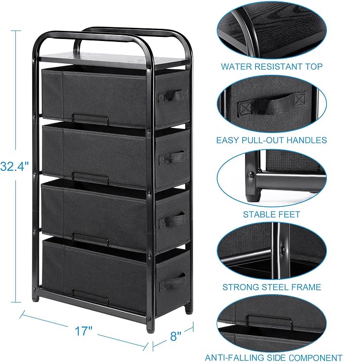 MAX Houser 4 Drawer Narrow Dresser Fabric Storage Tower Vertical Slim Storage - Image 3