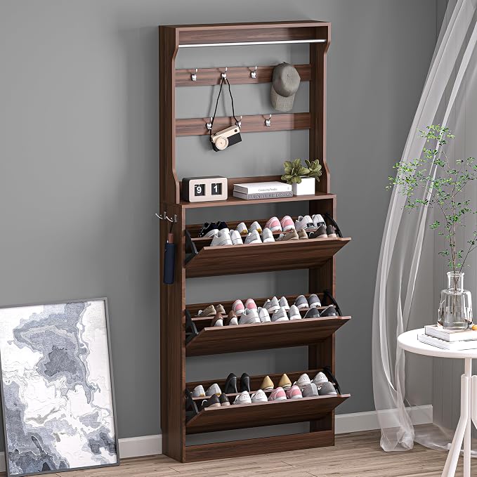 BORNOON Shoe Cabinet with 3 Flip Drawers & Coat Rack, Narrow Hidden Shoe by BORNOON