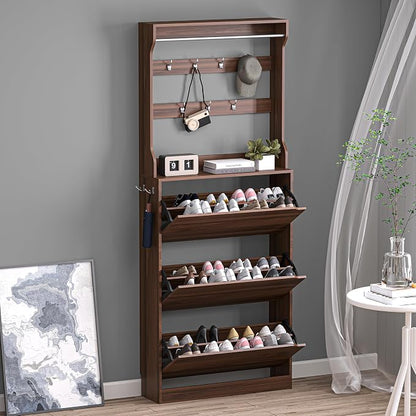 BORNOON Shoe Cabinet with 3 Flip Drawers & Coat Rack, Narrow Hidden Shoe by BORNOON