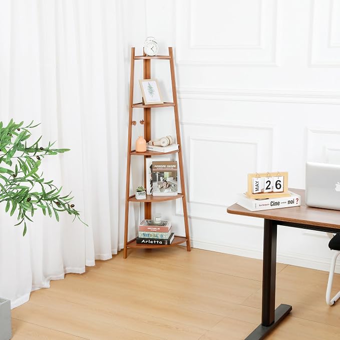 5-Tier Corner Shelf Stand, Tall Wood Shelf, Bookshelf - Image 2
