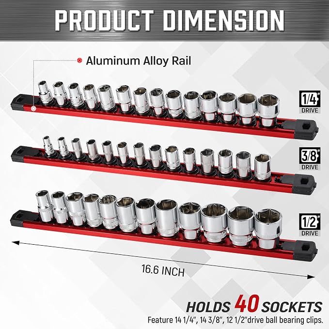 ALOANES 3-Piece Magnetic Socket Organizer, Heavy Duty Aluminum Socket Rails - Image 2