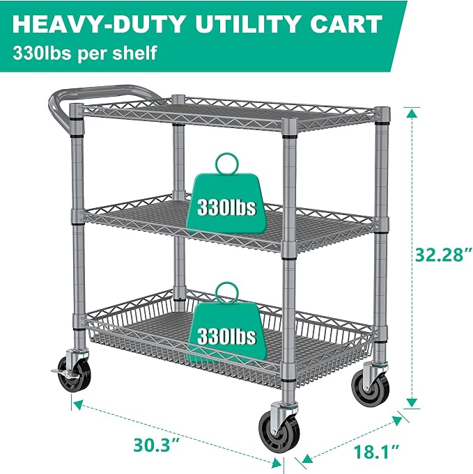 Rolling Cart with Wheels, Heavy Duty 3 Tier Metal Utility Cart 990lbs Capacity - Image 4