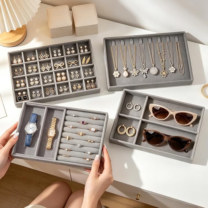 Jewelry Organizer for Drawer, Velvet Jewelry Drawer Organizer Inserts, 4-Layer - Image 8