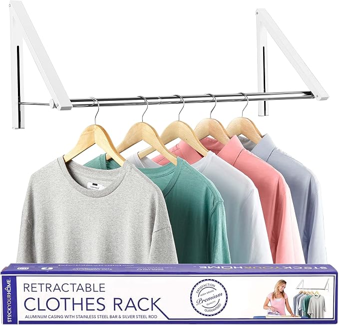 Double Foldable Clothing Rack w/Extension Rod, Wall-Mounted Retractable Clothes by StockYourHome
