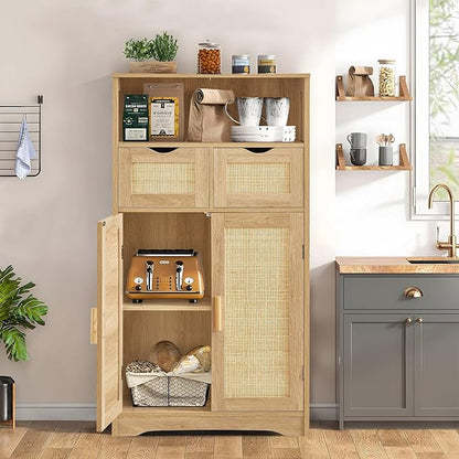 Iwell Storage Cabinet with 2 Drawers & Adjustable Shelves, Rattan Cabinet - Image 4