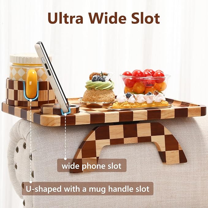 Couch Arm Table, Checkered Carbonized Rubber Wood Sofa Armrest Tray, 3-in-1 - Image 7
