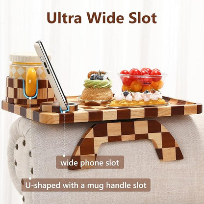 Couch Arm Table, Checkered Carbonized Rubber Wood Sofa Armrest Tray, 3-in-1 - Image 7