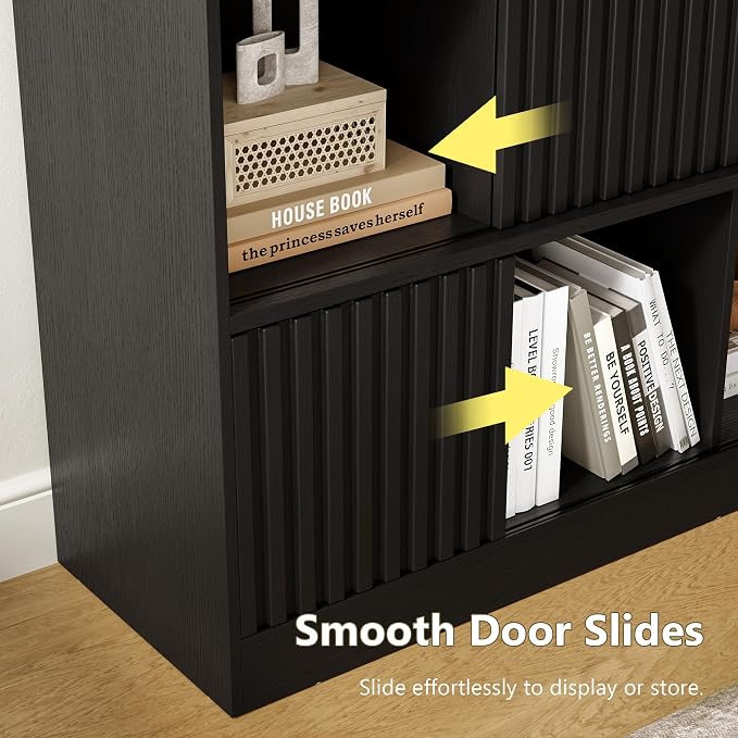 iPormis 12 Cube Bookcase with 6 Fluted Sliding Doors, 3 Tier Wooden Bookshelf - Image 5