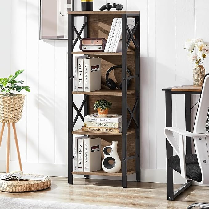 Small Bookshelf, 5 Tier Industrial Bookshelf - Image 3