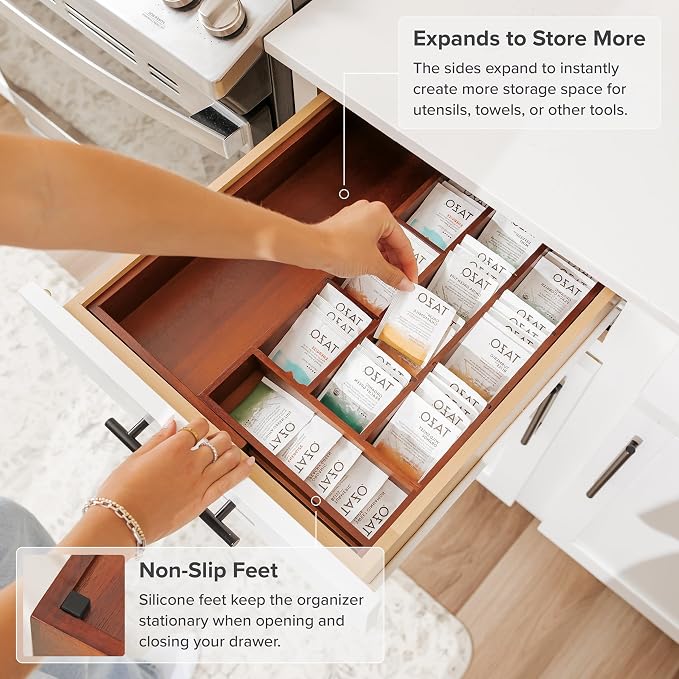 KitchenEdge Acacia Tea Bag and Coffee Pod Kitchen Drawer Organizer, Expandable - Image 6