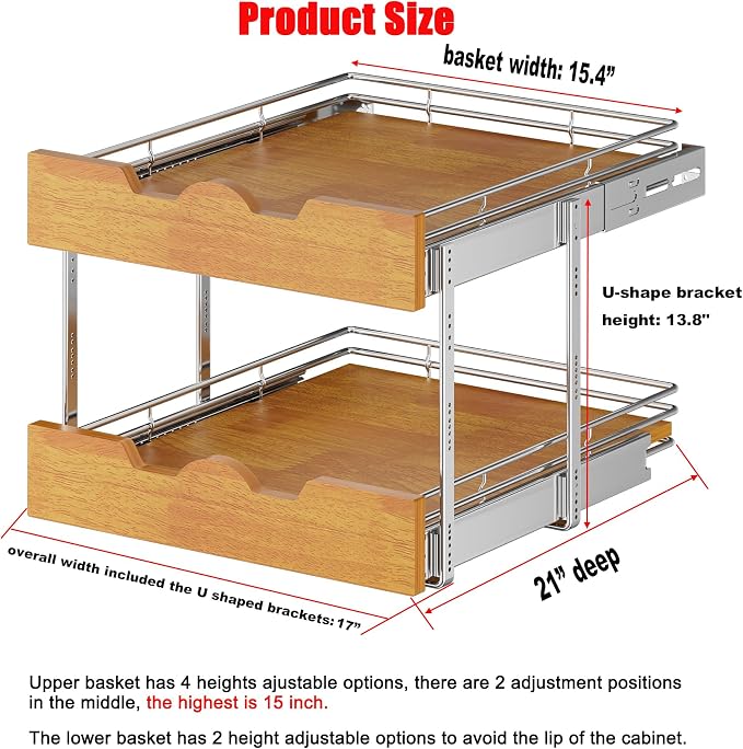 DINDON 2 Tier Pull Out Cabinet Organizer Slide Out Wood Shelf Double Tier - Image 2