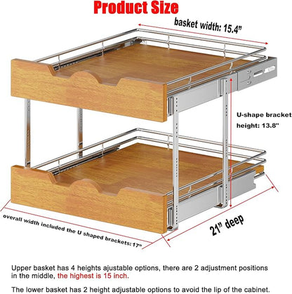 DINDON 2 Tier Pull Out Cabinet Organizer Slide Out Wood Shelf Double Tier - Image 2