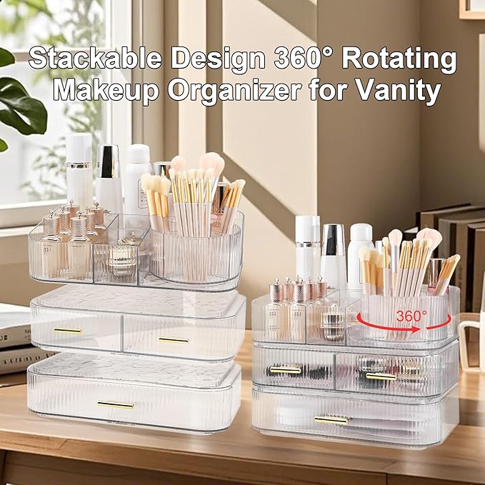 DASITON Makeup Organizer with Drawers and Rotating Makeup Brush Holder - Image 3