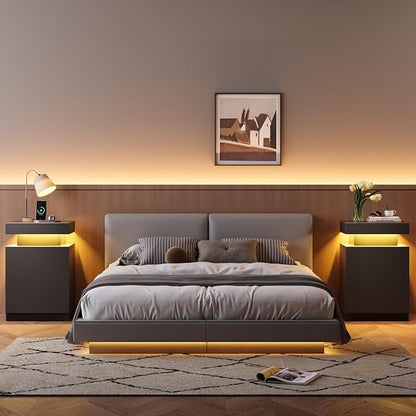 MXV Nightstand with LED Lights & Charging Station, Storage Cabinet & Drawers - Image 5