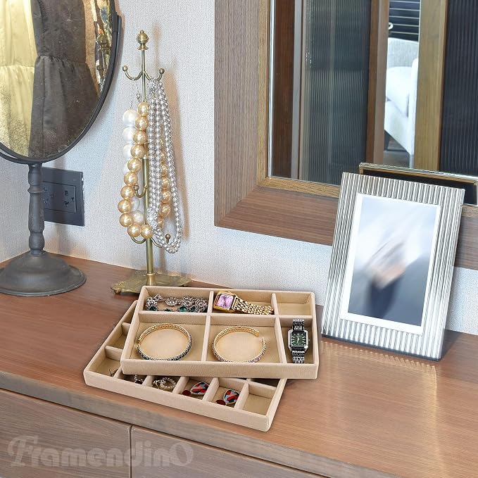 Framendino, 4 Pack Beige Velvet Jewelry Trays Stackable Organizer Drawer - Image 6