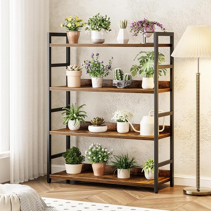 NUMENN Wide Bookshelf, 4 Tier Freestanding Shelving Unit, Vintage | Metal Frame - Image 5