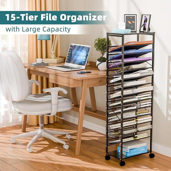 15 Tier Rolling File Cart, Sturdy and Durable Desk File Organizer - Image 2