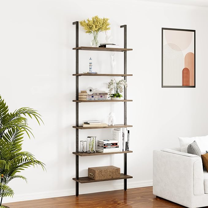 Ladder Shelf Black 6 Tiers Modern Bookshelf Room Organizer Open Tall Wall Mount - Image 4