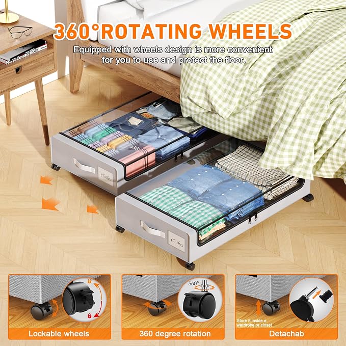Under Bed Storage with Wheels, 4 Pack Under Bed Storage Containers with - Image 2