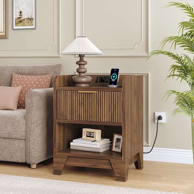 HOOBRO Fluted Nightstand with Charging Station, End Table with Hidden Drawer - Image 2
