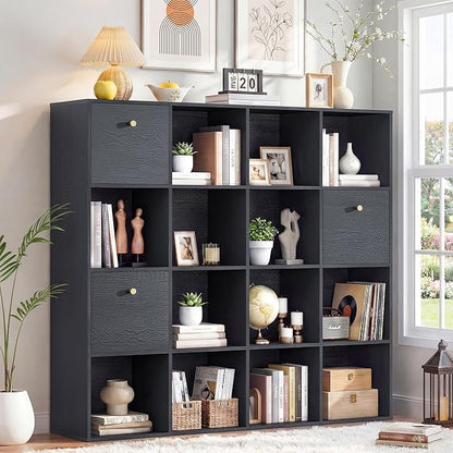 Black Cube Storage Organizer, 16 Open Cubes Bookshelf by Odeekea