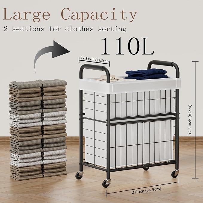 Laundry Hamper 2 Section, 110L Rolling Laundry Sorter Basket - Image 3
