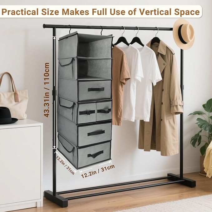 6-Tier Hanging Shelves with 5 Drawers & 3 Side Pocket, Durable Fabric Hanging - Image 2