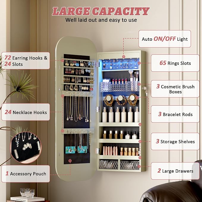 LVSOMT Round Mirror Jewelry Cabinet Door Hang, Jewelry Armoire - Image 2