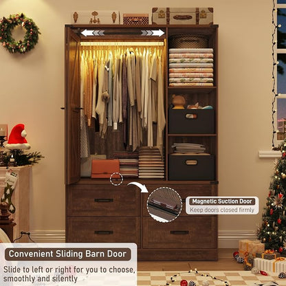 Farmhouse 3 Doors Armoire Wardrobe Closet w/Folding Sliding Barn Door and Lights - Image 3