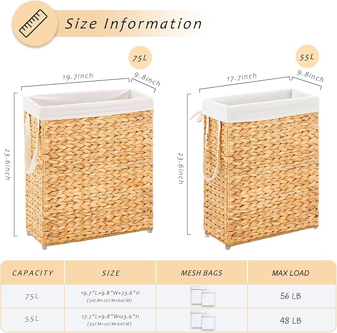 Handwoven Slim Laundry Hamper, 75L Narrow Laundry Basket, Natural Water - Image 2